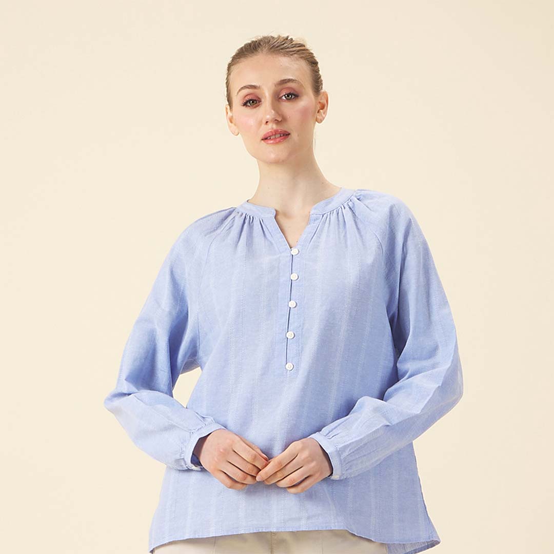 GIORDANO Women's Cotton Linen V-Neck Long Sleeves Loose Fit Half Placket Shirt (05345222)