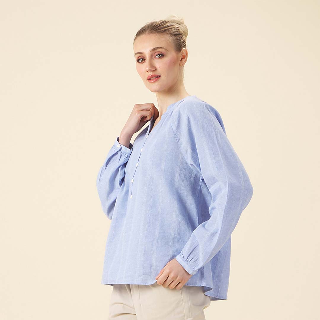 GIORDANO Women's Cotton Linen V-Neck Long Sleeves Loose Fit Half Placket Shirt (05345222)
