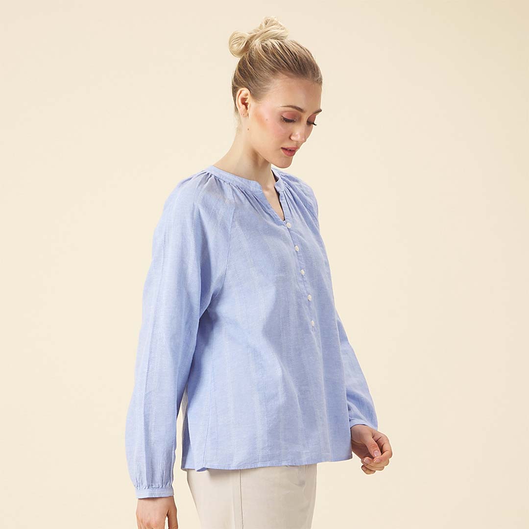 GIORDANO Women's Cotton Linen V-Neck Long Sleeves Loose Fit Half Placket Shirt (05345222)