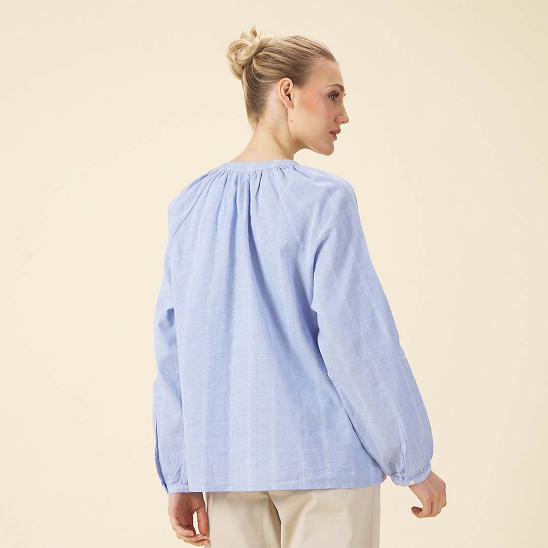 GIORDANO Women's Cotton Linen V-Neck Long Sleeves Loose Fit Half Placket Shirt (05345222)