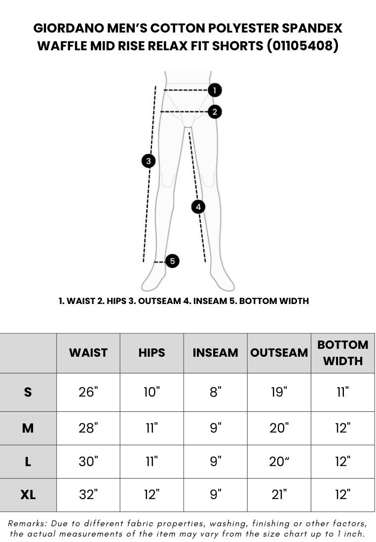 GIORDANO Men's Cotton Polyester Spandex Waffle Mid Rise Relax Fit Shorts (01105408)