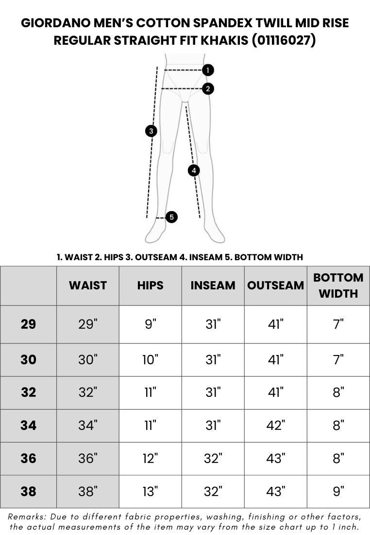 GIORDANO Men's Cotton Spandex Twill Mid Rise Regular Straight Fit Khakis (01116027)