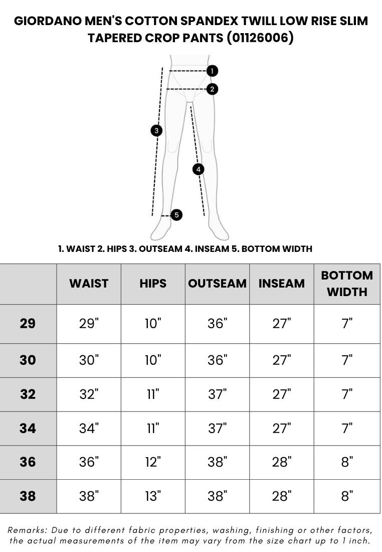 GIORDANO Men's Cotton Spandex Twill Low Rise Slim Tapered Crop Pants (01126006)