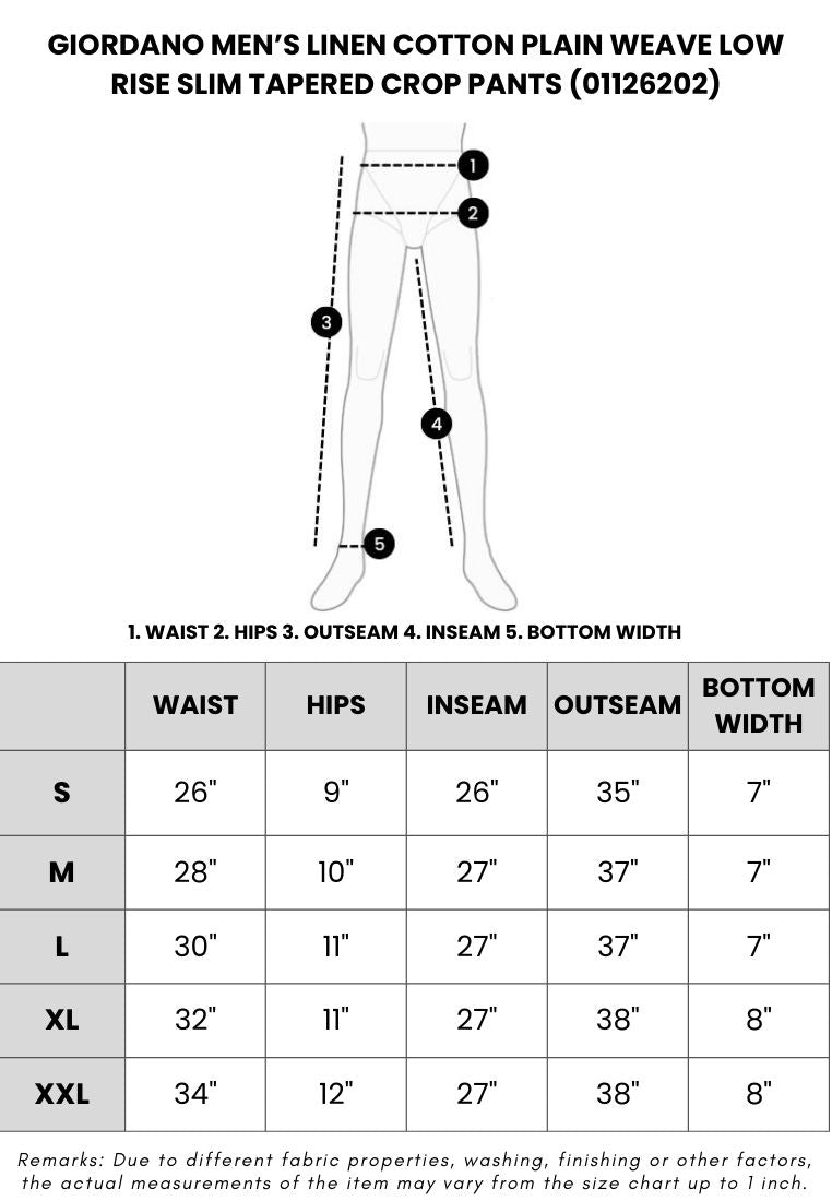 GIORDANO Men's Linen Cotton Plain Weave Low Rise Slim Tapered Crop Pants (01126202)