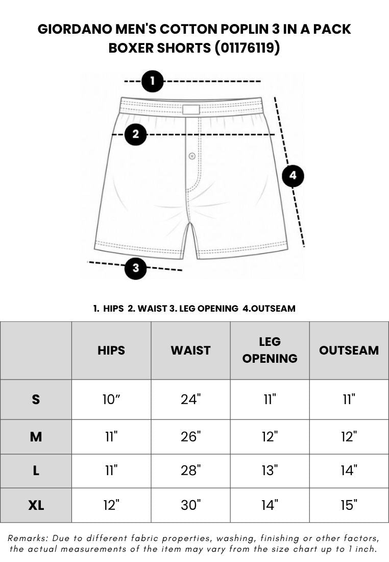 GIORDANO Men's Cotton Poplin 3 in a Pack Boxer Shorts (01176119)