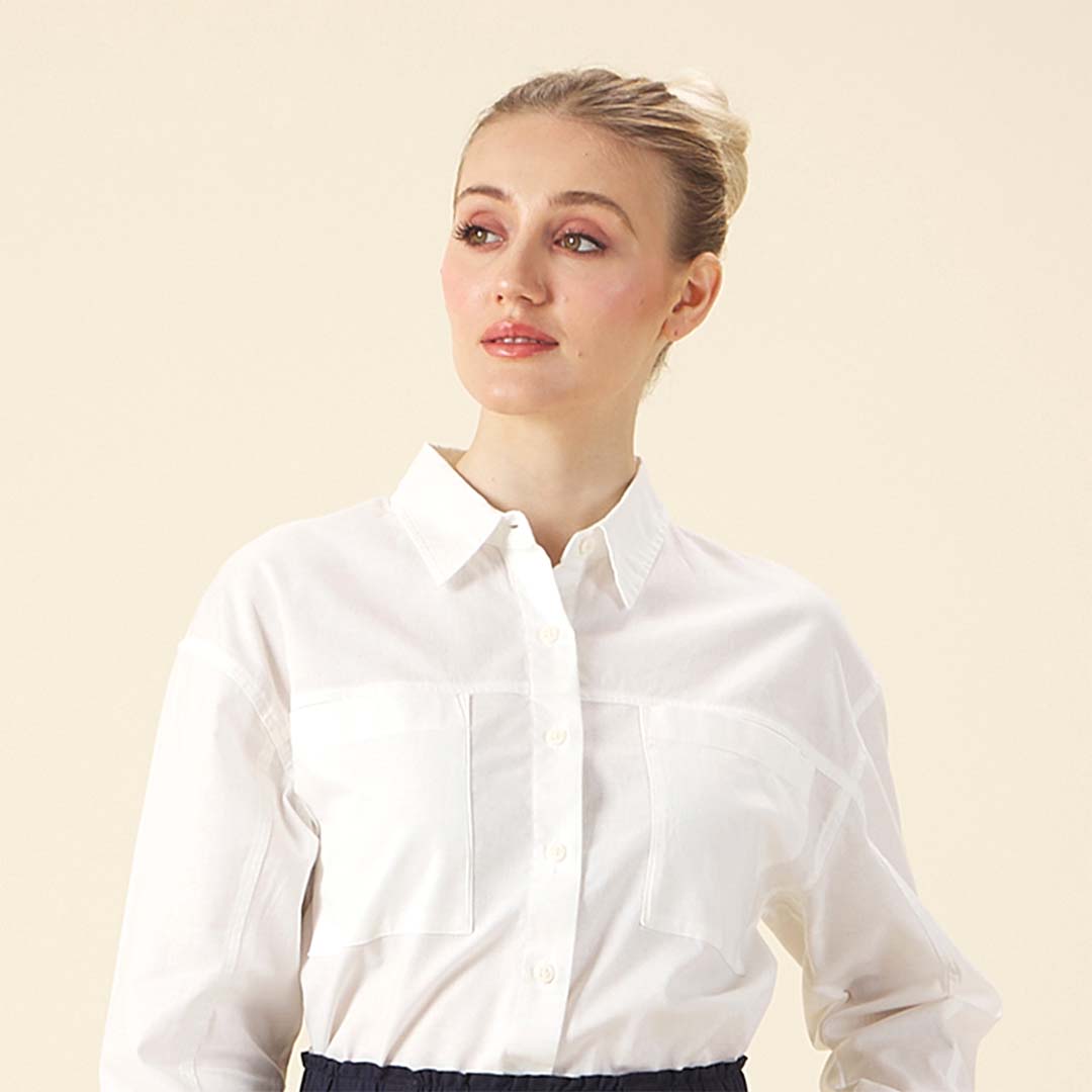 GIORDANO Women's Cotton Linen Acute Collar Long Sleeves Loose Fit Shirt (05345202)