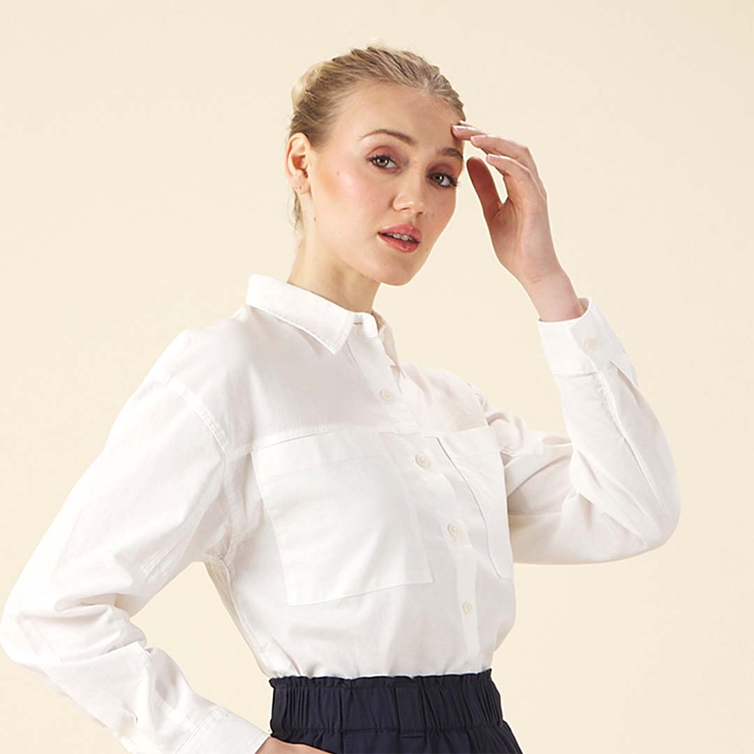 GIORDANO Women's Cotton Linen Acute Collar Long Sleeves Loose Fit Shirt (05345202)