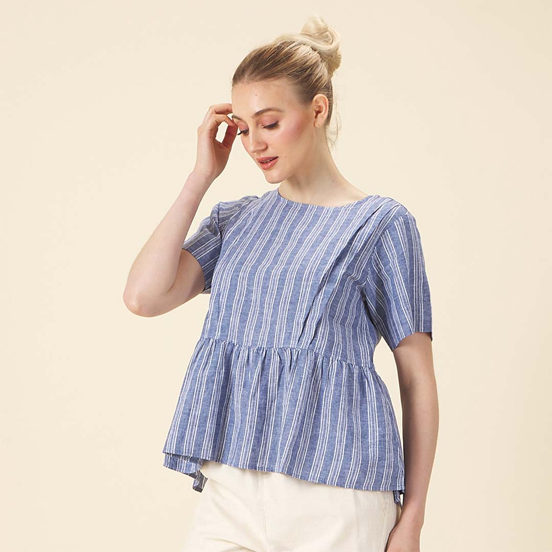 GIORDANO Women's Linen Cotton Dobby Round Neck Short Sleeves Comfort Fit Shirt (05345218)