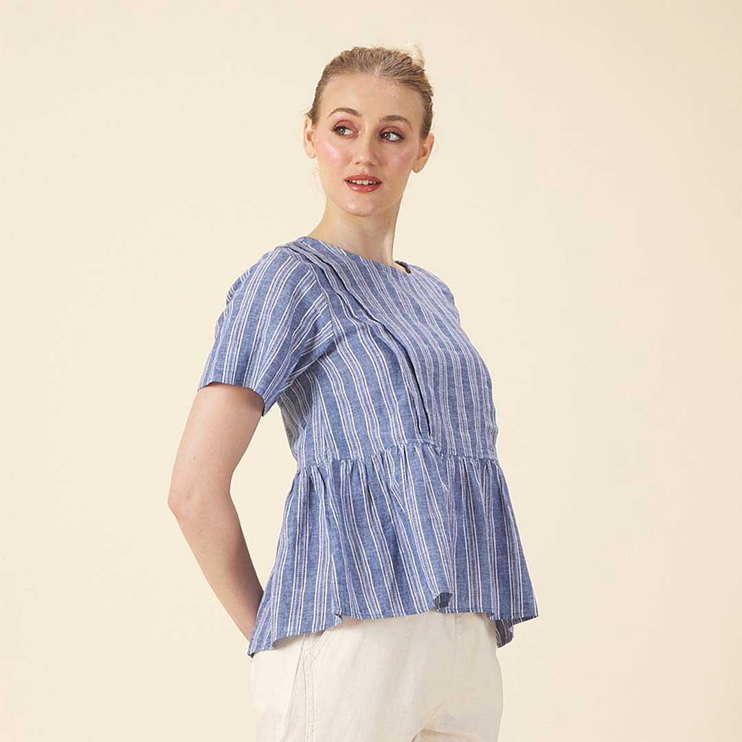 GIORDANO Women's Linen Cotton Dobby Round Neck Short Sleeves Comfort Fit Shirt (05345218)