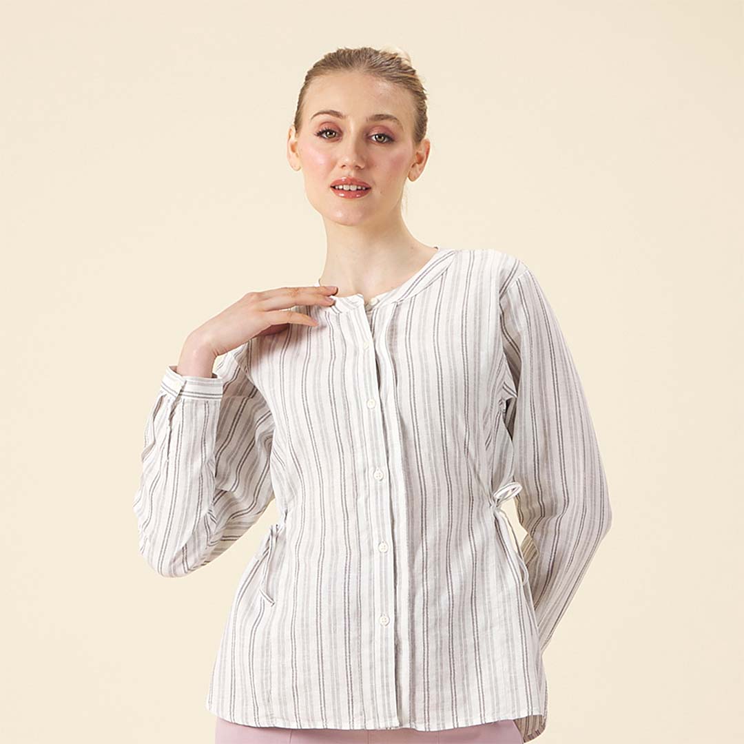 GIORDANO Women's Linen Cotton Dobby Stand Collar Long Sleeves Comfort Fit Shirt (05345219)