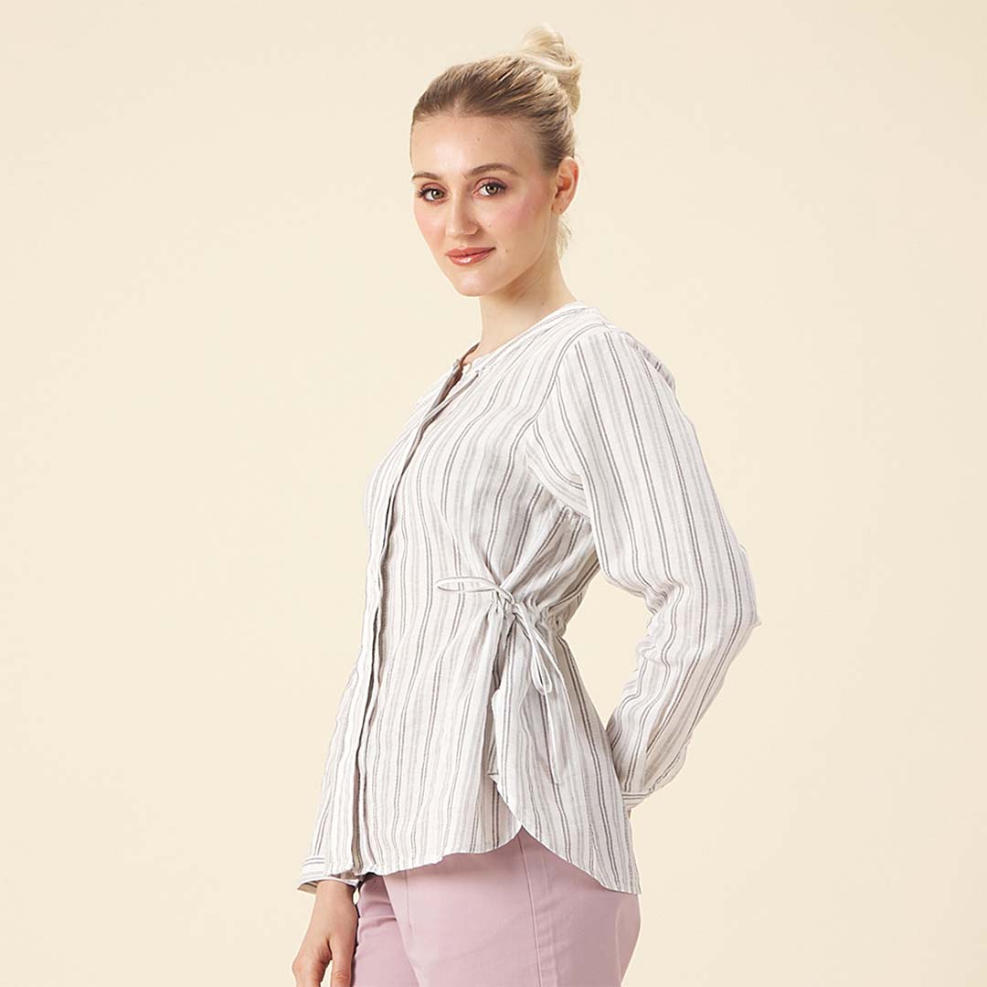 GIORDANO Women's Linen Cotton Dobby Stand Collar Long Sleeves Comfort Fit Shirt (05345219)