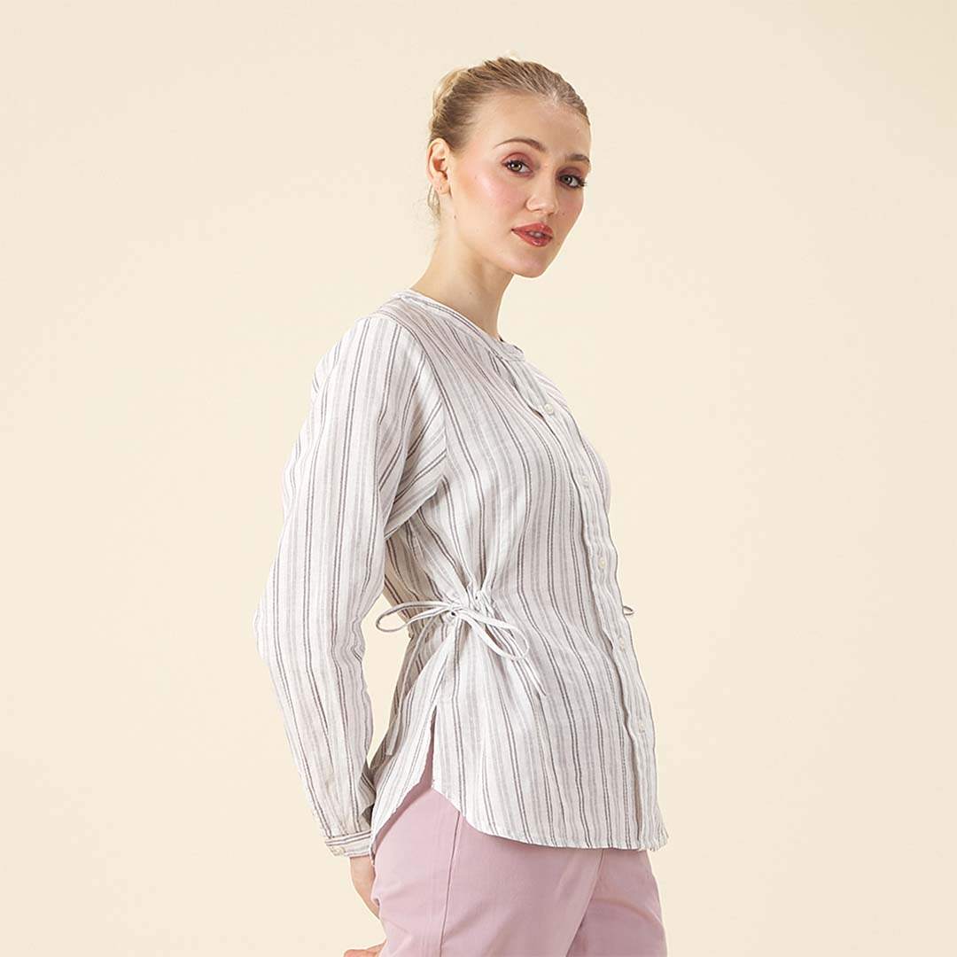 GIORDANO Women's Linen Cotton Dobby Stand Collar Long Sleeves Comfort Fit Shirt (05345219)