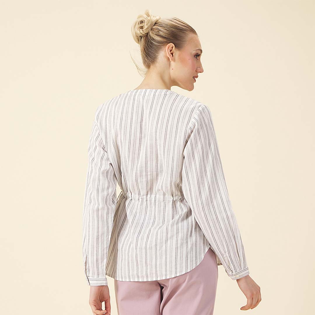 GIORDANO Women's Linen Cotton Dobby Stand Collar Long Sleeves Comfort Fit Shirt (05345219)