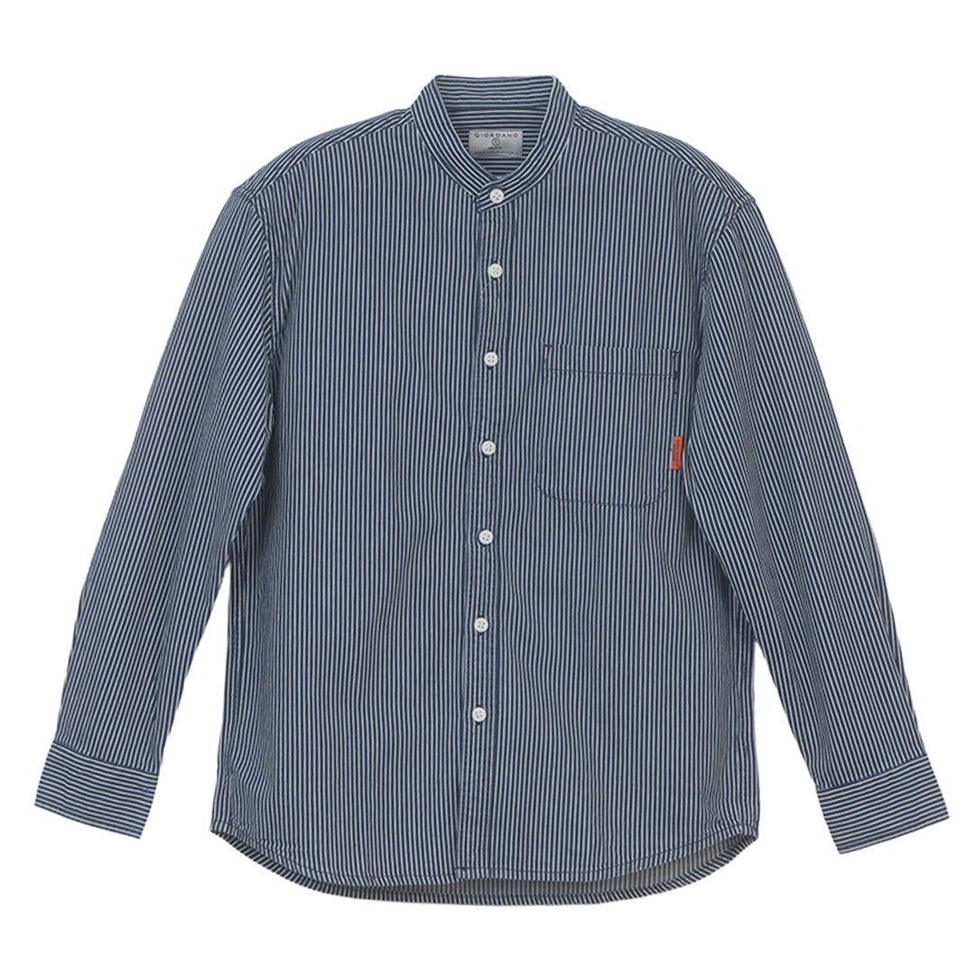 GIORDANO Men's Cotton Denim Band Collar Button Front Relax Fit Garment Wash Shirt  (01043020)
