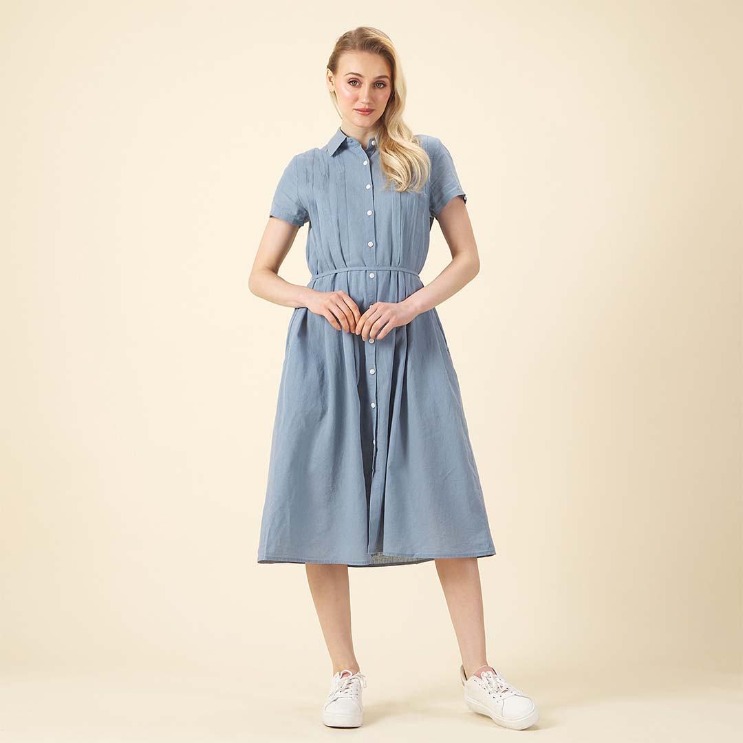 GIORDANO Women's Linen Cotton Poplin Acute Collar Short Sleeves Comfort Fit with Belt Dress (05465215)