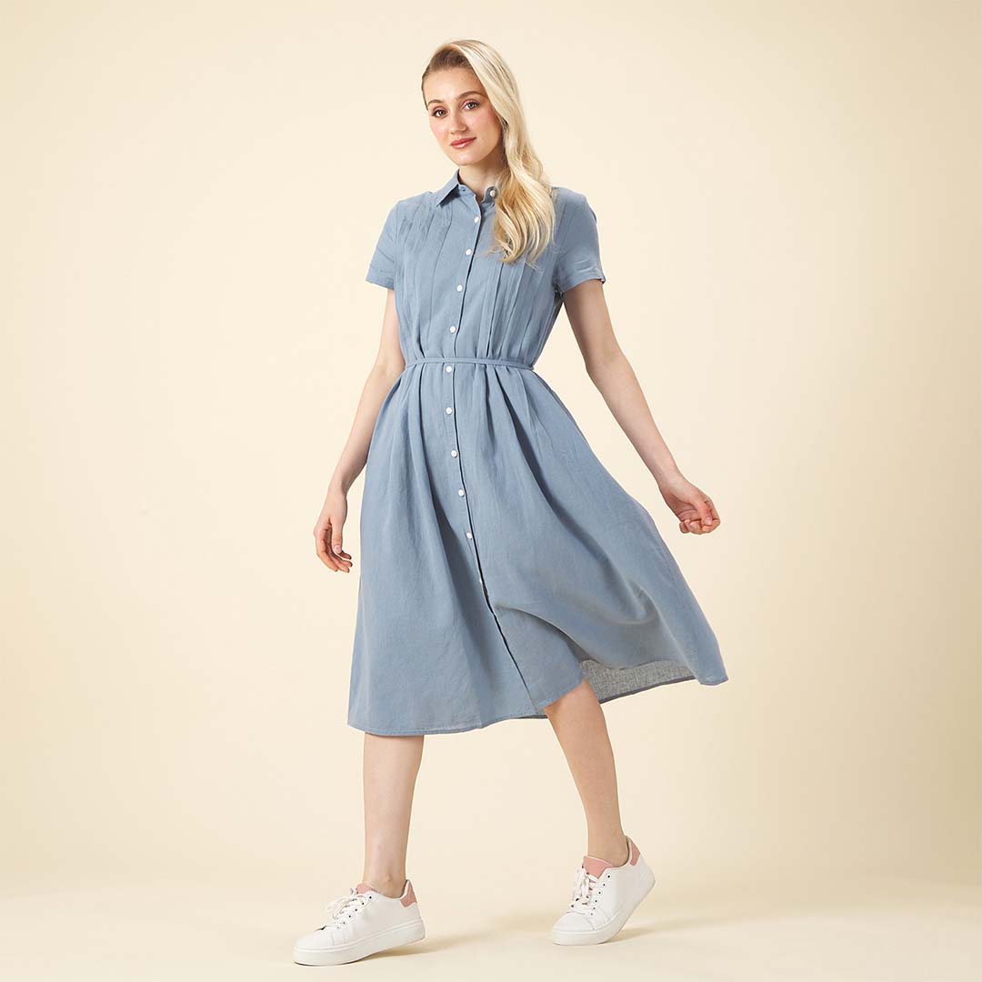 GIORDANO Women's Linen Cotton Poplin Acute Collar Short Sleeves Comfort Fit with Belt Dress (05465215)