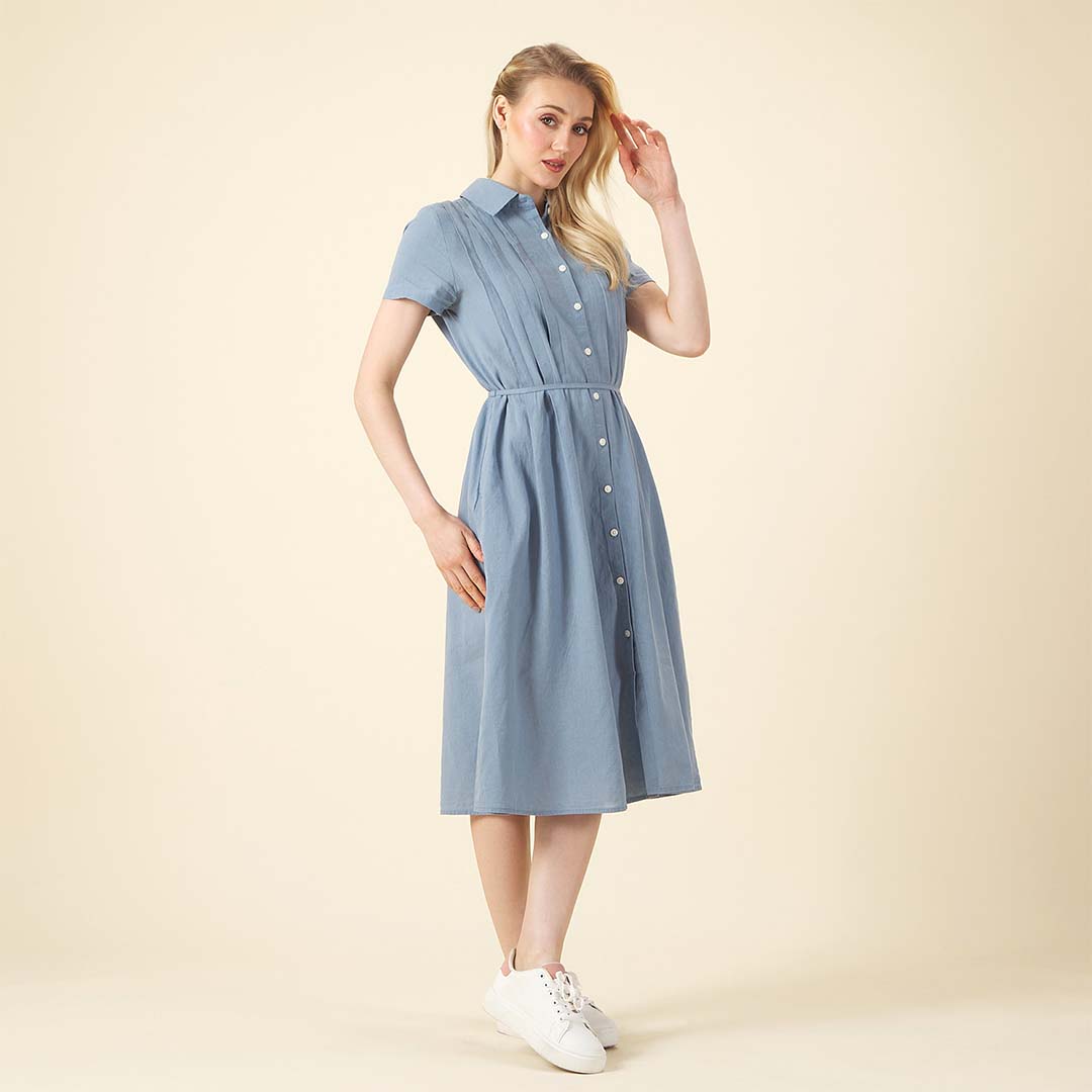 GIORDANO Women's Linen Cotton Poplin Acute Collar Short Sleeves Comfort Fit with Belt Dress (05465215)