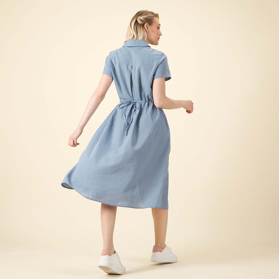 GIORDANO Women's Linen Cotton Poplin Acute Collar Short Sleeves Comfort Fit with Belt Dress (05465215)