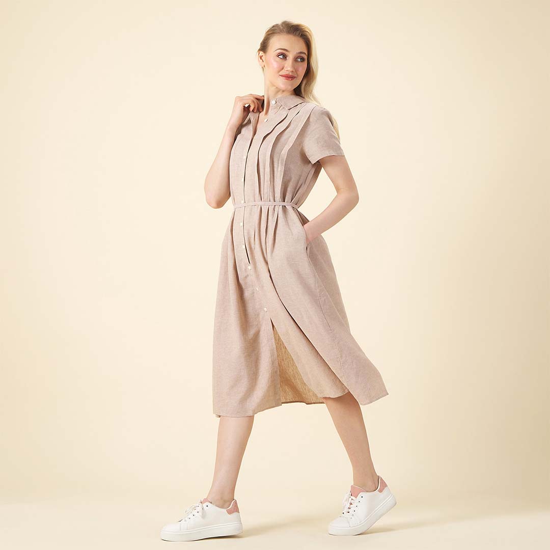 GIORDANO Women's Linen Cotton Poplin Acute Collar Short Sleeves Comfort Fit with Belt Dress (05465215)