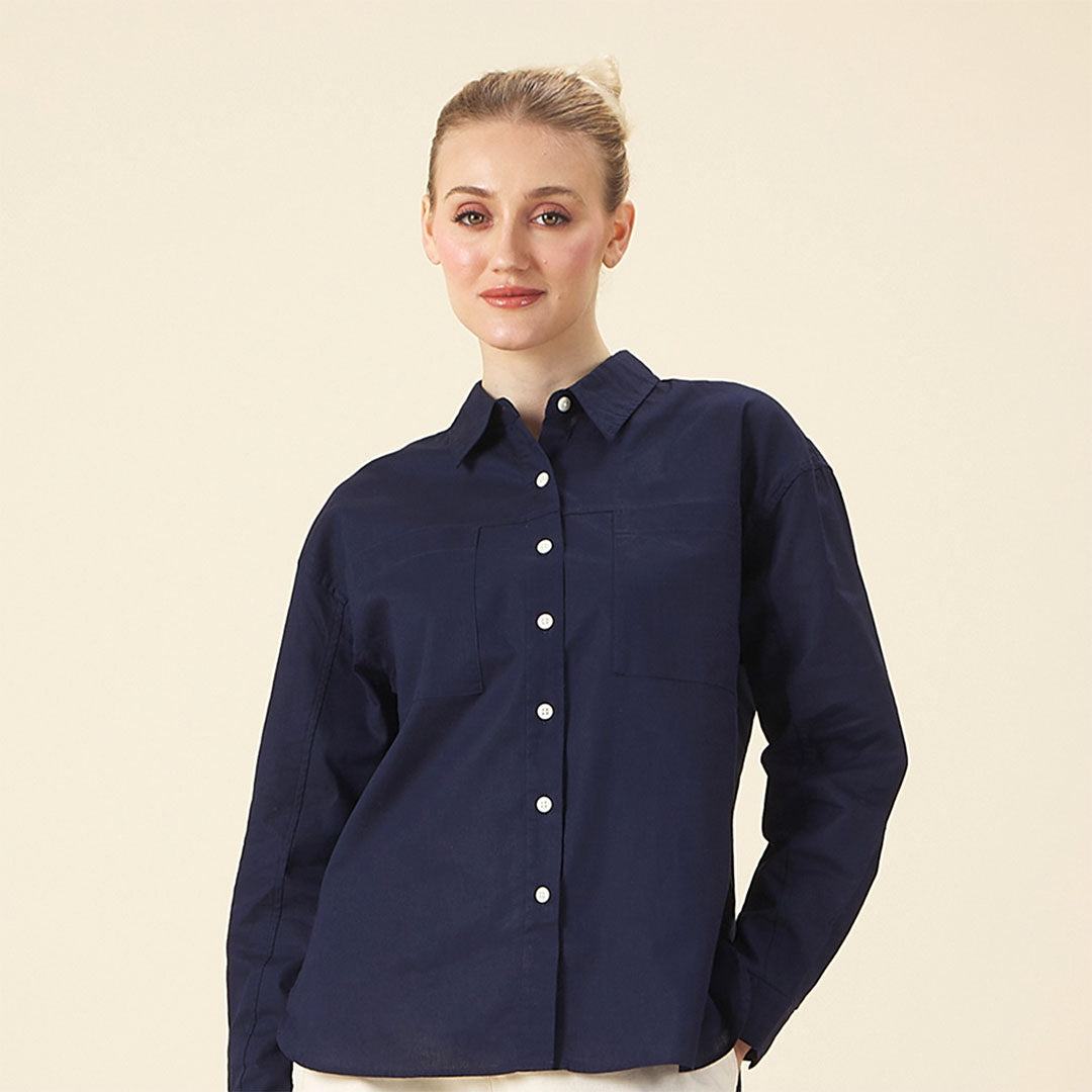 GIORDANO Women's Cotton Linen Acute Collar Long Sleeves Loose Fit Shirt (05345202)