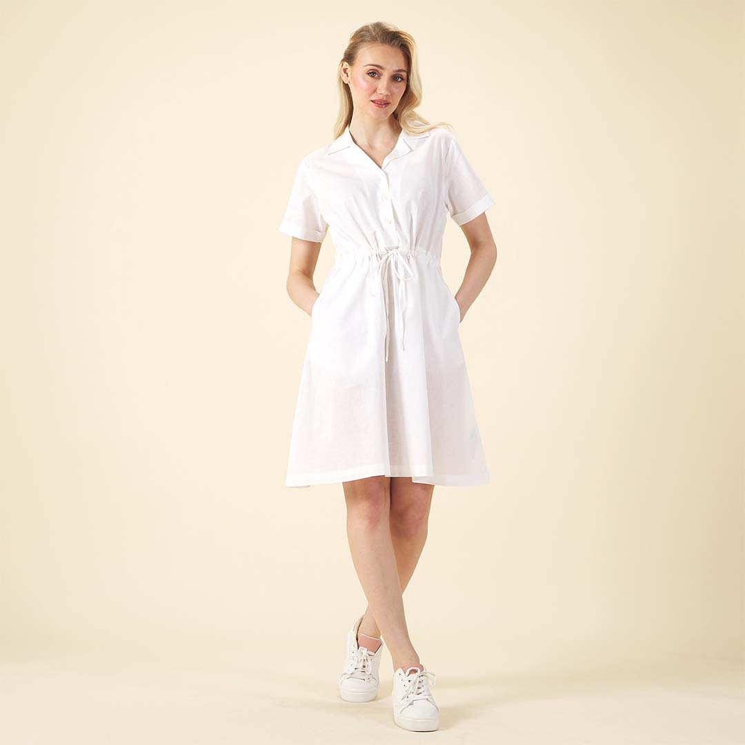 GIORDANO Women's Linen Cotton Poplin Notch Collar Comfort Fit with Belt Dress (05465242)