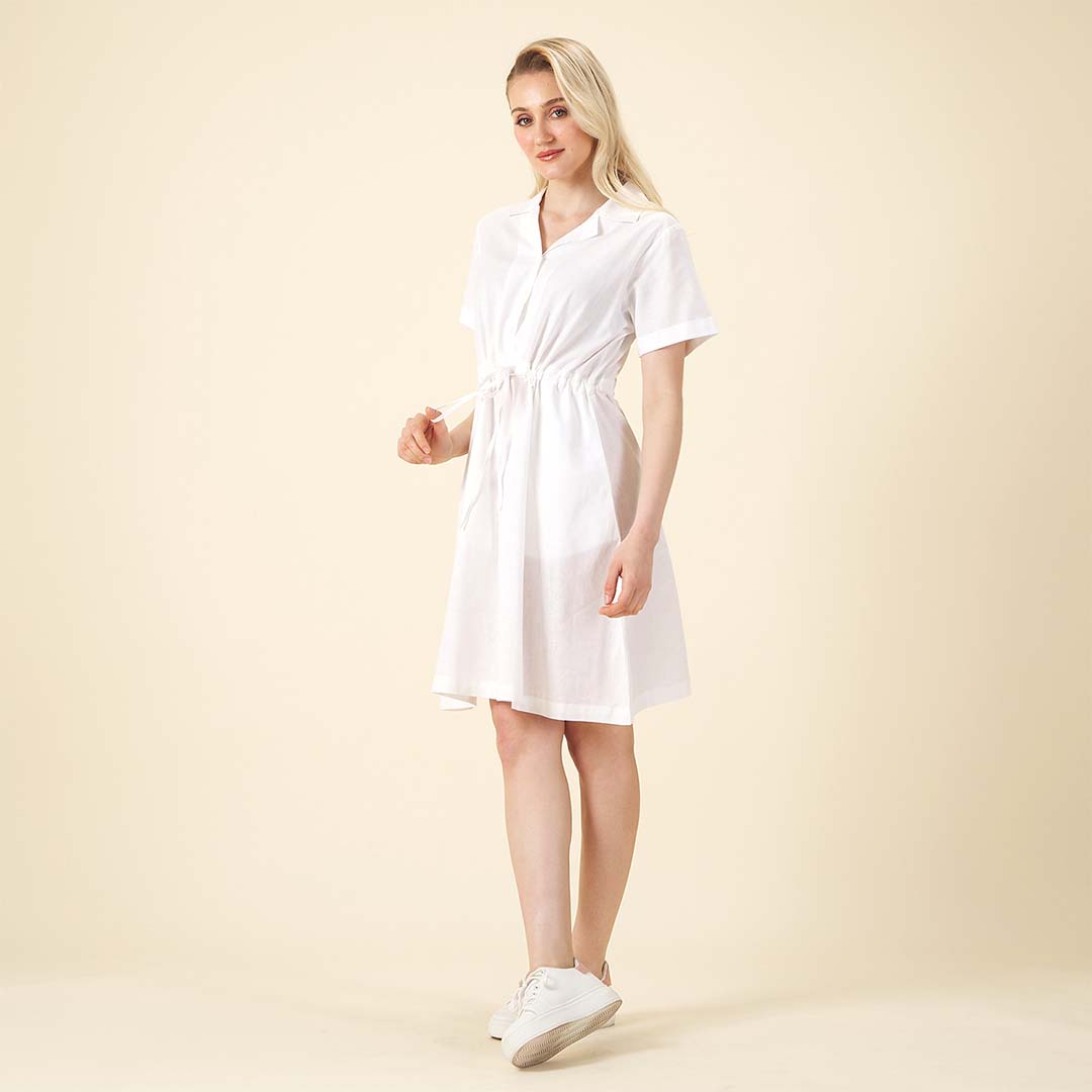 GIORDANO Women's Linen Cotton Poplin Notch Collar Comfort Fit with Belt Dress (05465242)