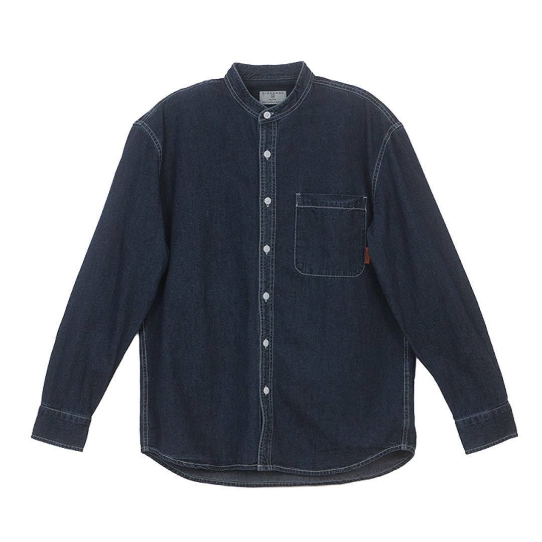 GIORDANO Men's Cotton Denim Band Collar Button Front Relax Fit Garment Wash Shirt  (01043020)