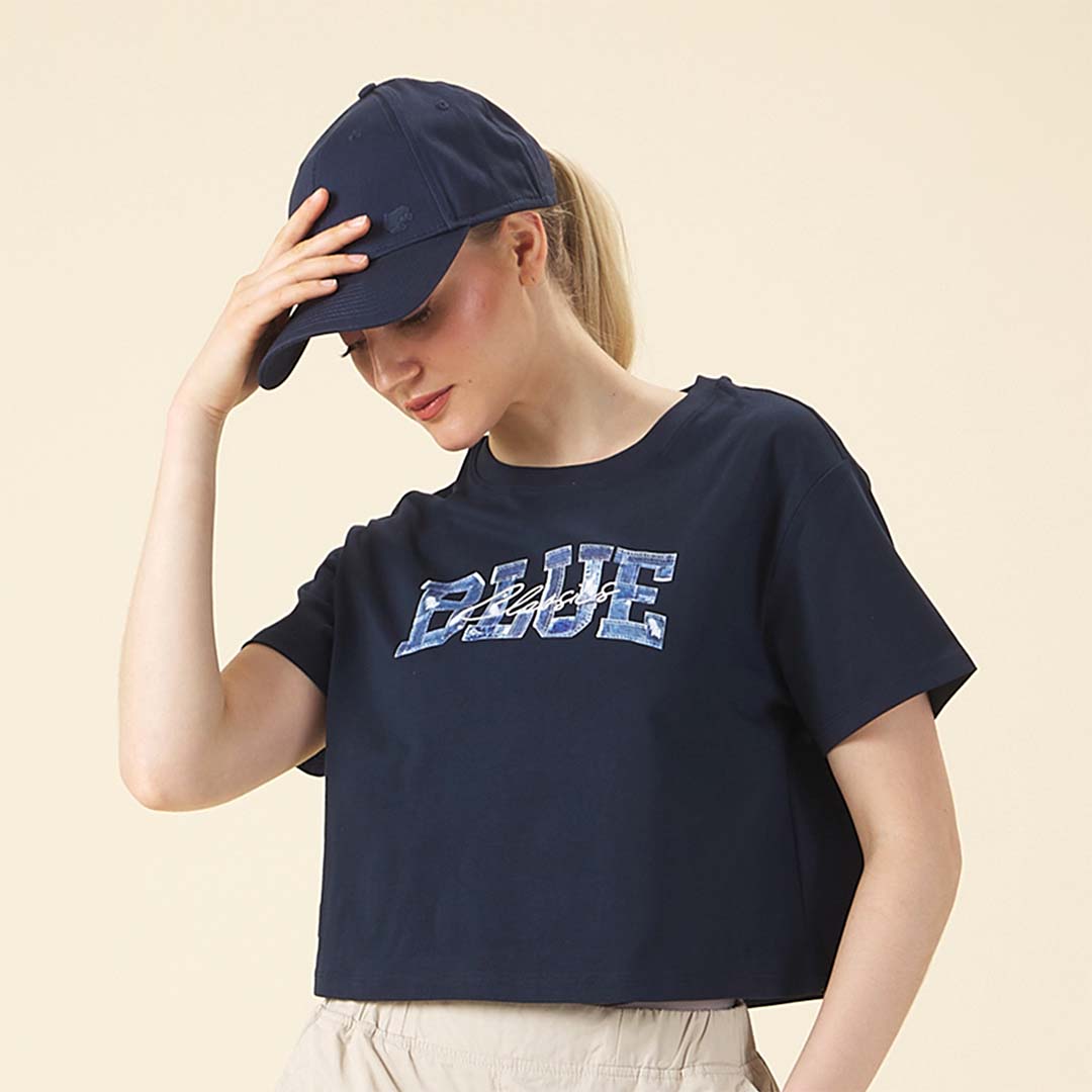 GIORDANO Women's Blue Classics Crew Neck Crop Printed Tee (05395205)