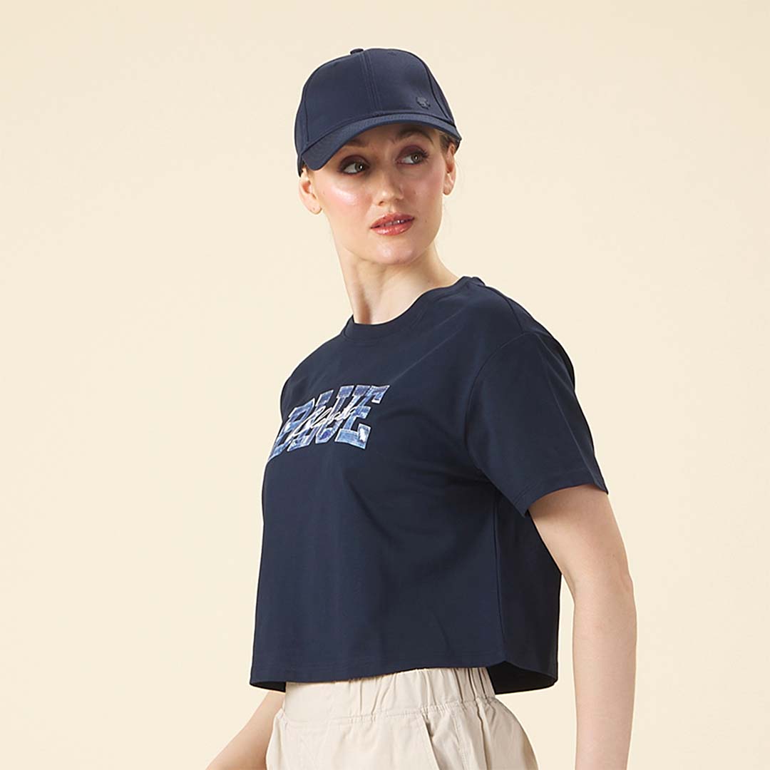 GIORDANO Women's Blue Classics Crew Neck Crop Printed Tee (05395205)