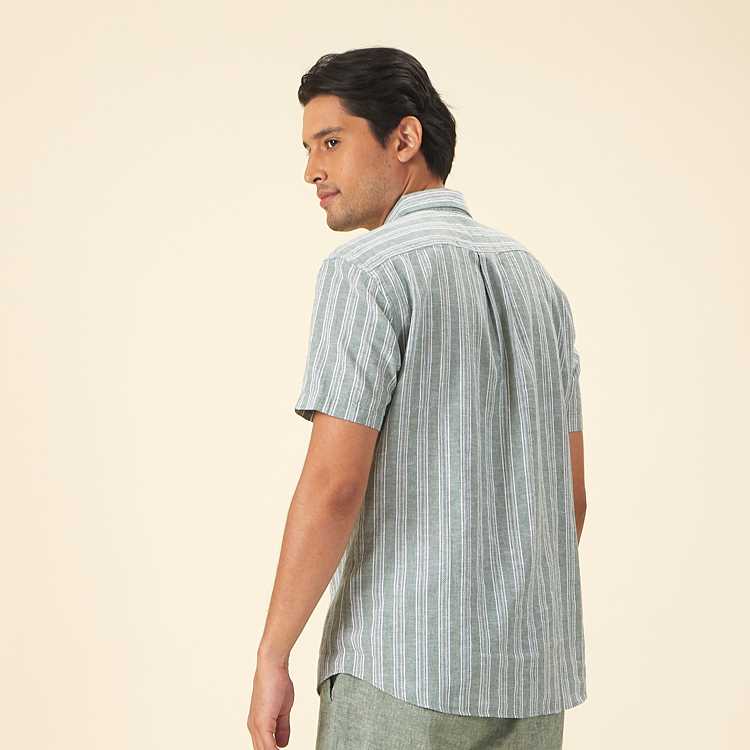 GIORDANO Men's Linen Cotton Poplin Short Sleeves Stripe Shirt (01045242)