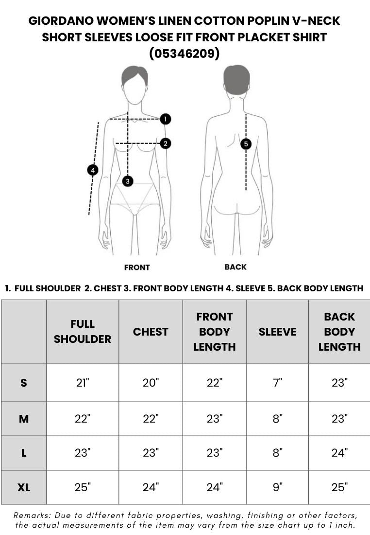 GIORDANO Women's Linen Cotton Poplin V-Neck Short Sleeves Loose Fit Front Placket Shirt (05346209)