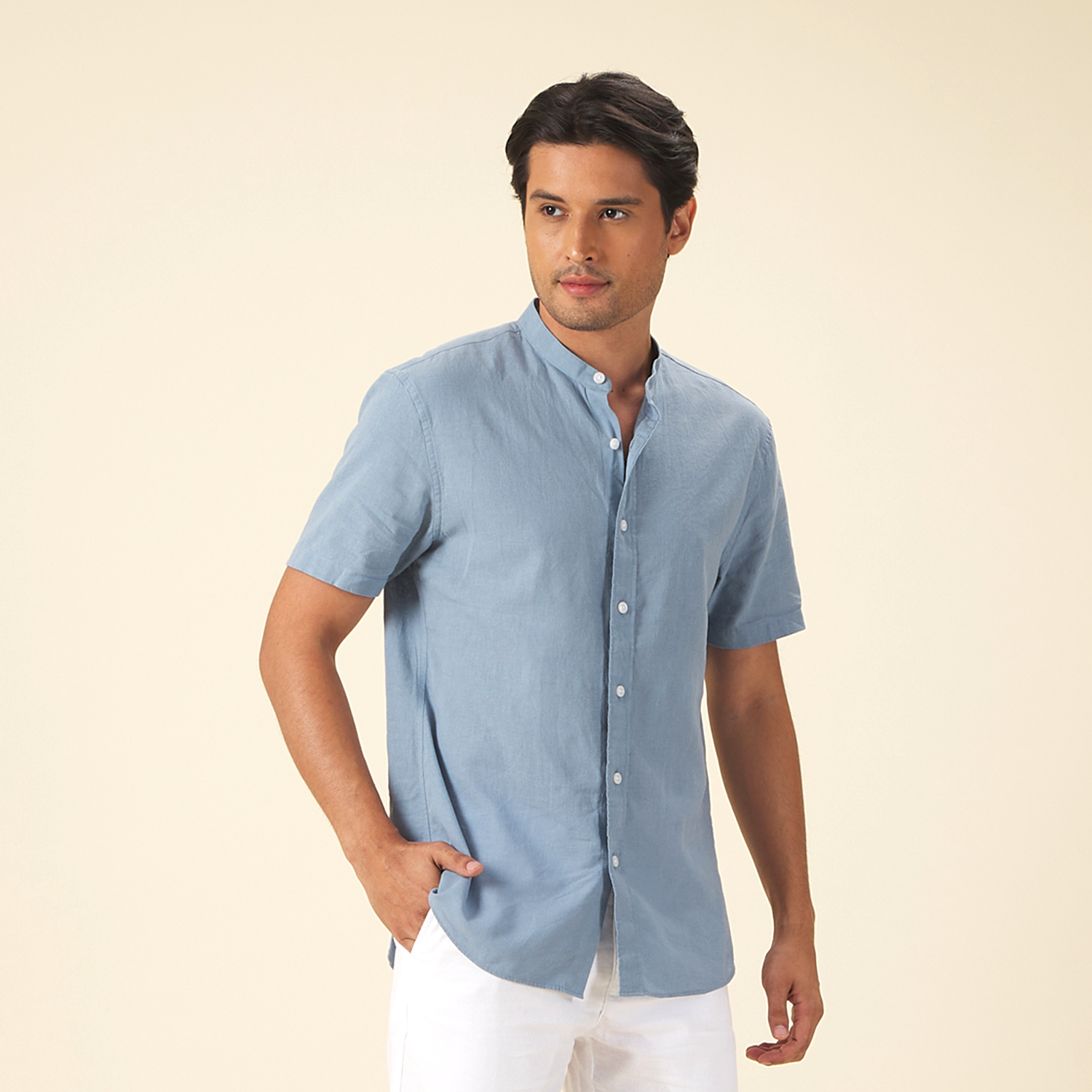 GIORDANO Men's Linen Cotton Poplin Stand Collar Short Sleeves Shirt (01045204)