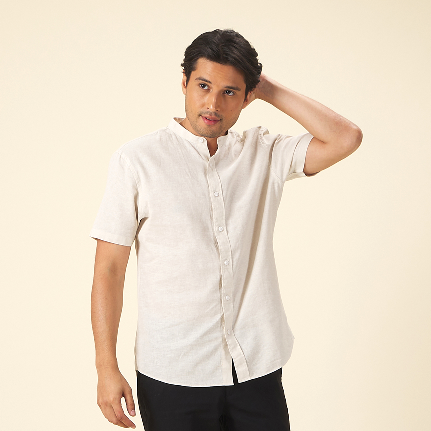 GIORDANO Men's Linen Cotton Poplin Stand Collar Short Sleeves Shirt (01045204)