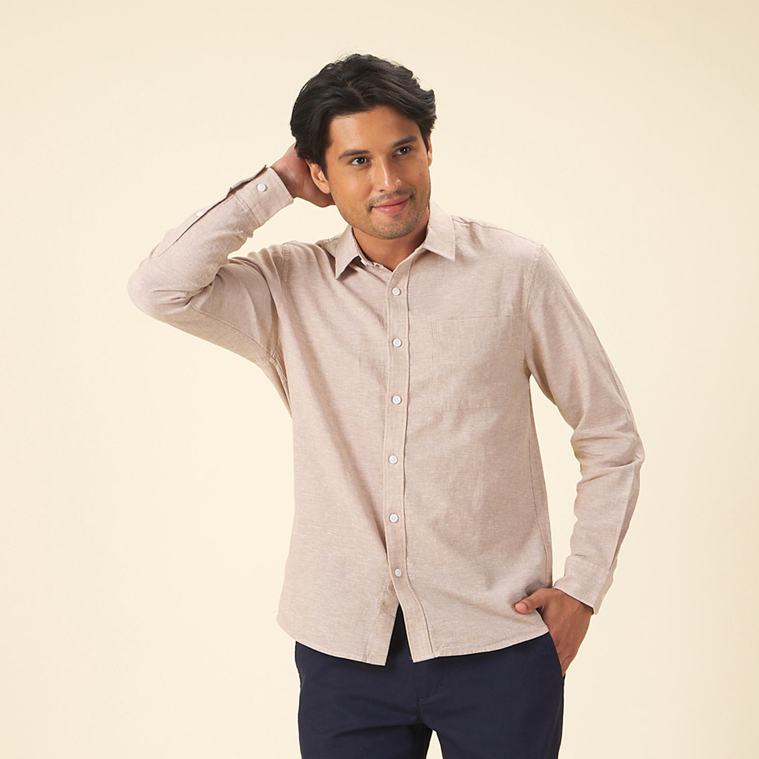 GIORDANO Men's Linen Cotton Poplin Long Sleeves Shirt (01045201)