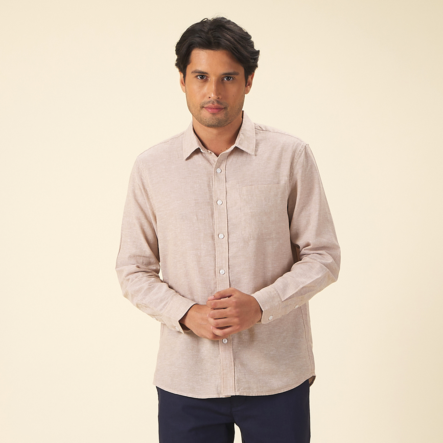 GIORDANO Men's Linen Cotton Poplin Long Sleeves Shirt (01045201)