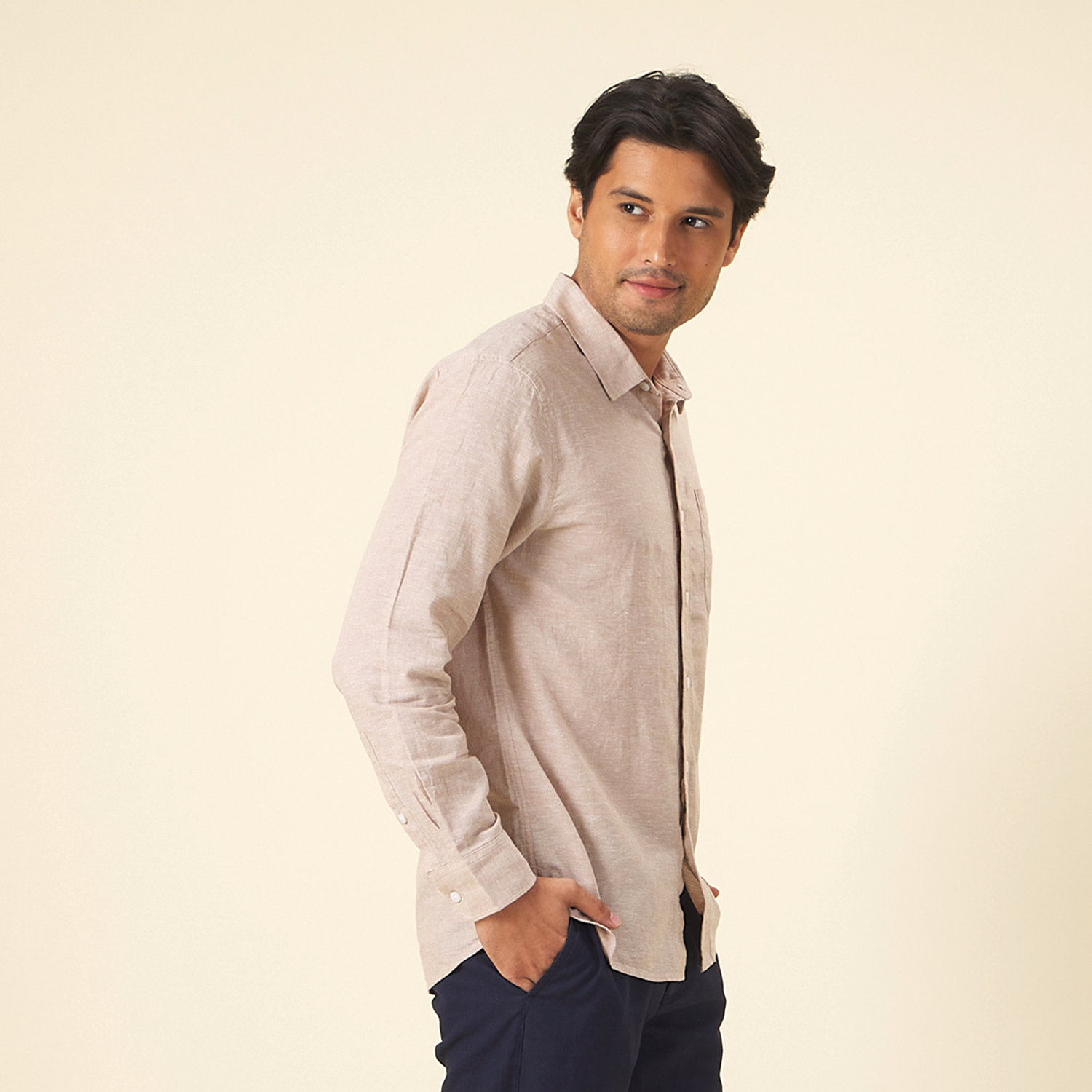 GIORDANO Men's Linen Cotton Poplin Long Sleeves Shirt (01045201)