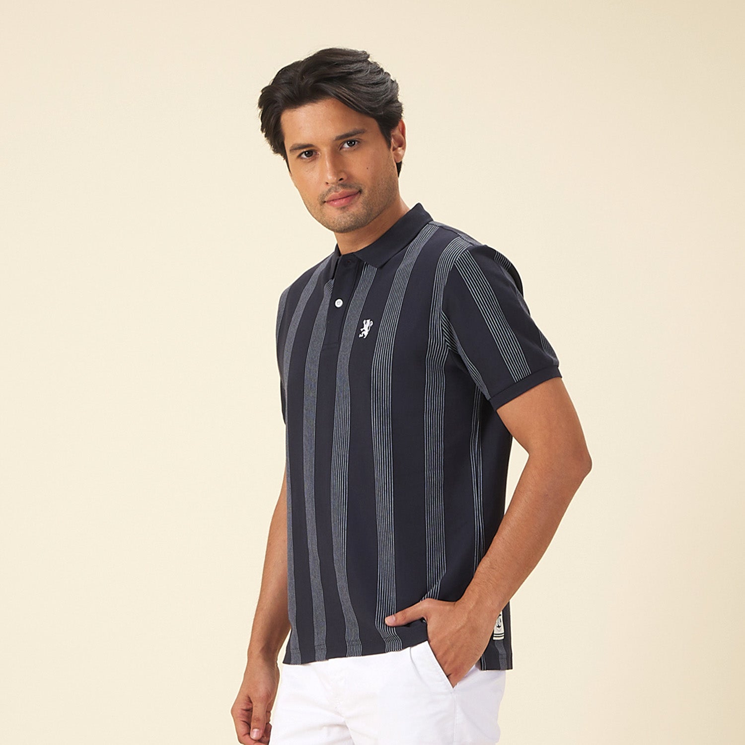 GIORDANO Men's Cotton Lycra Striped Small Lion Polo (01015232)