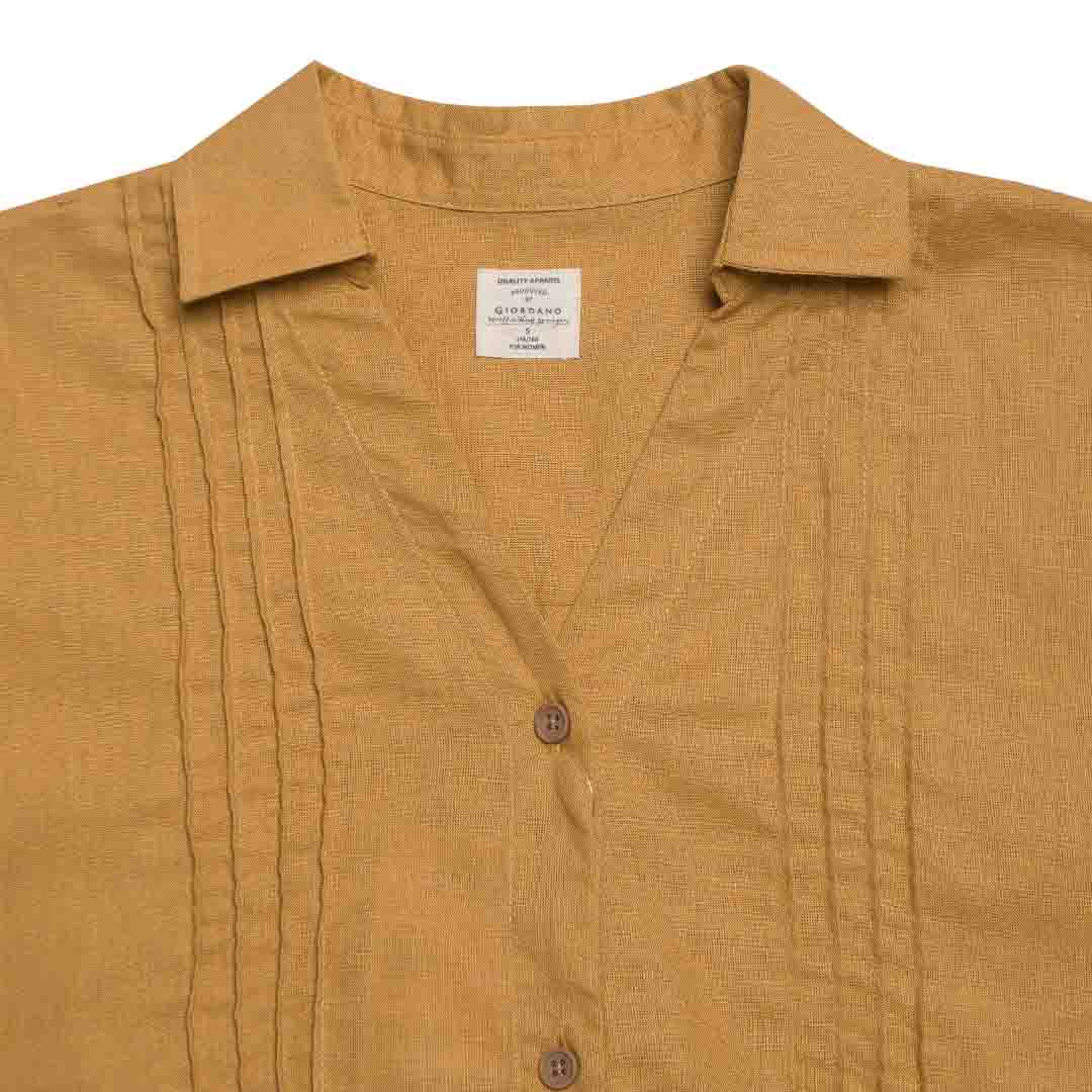 GIORDANO Women's Cotton Linen Pleated Shirt  (05344209) - 06 - Honey Mustard