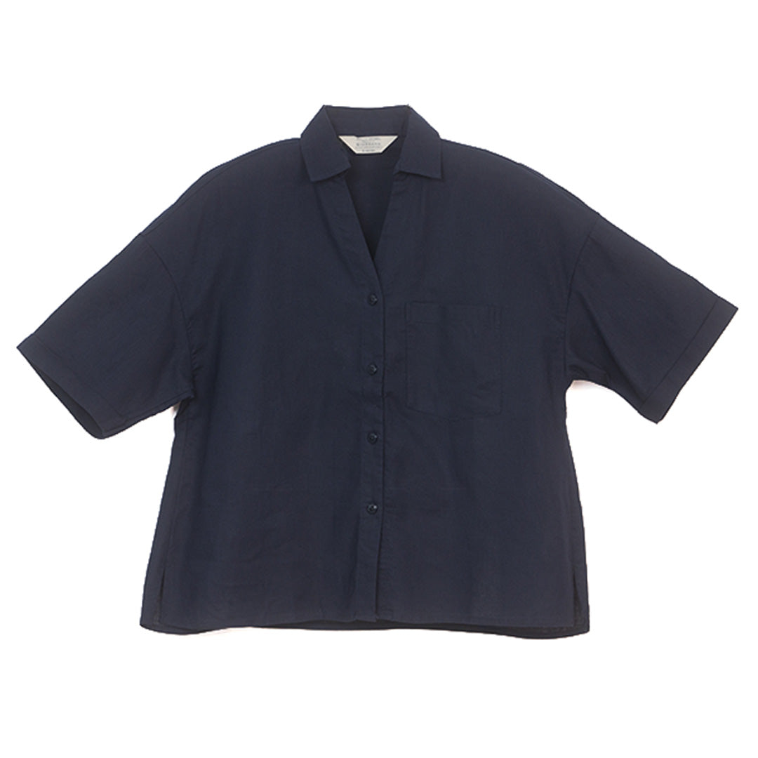 GIORDANO Women's Linen Cotton Poplin V-Neck Short Sleeves Loose Fit Front Placket Shirt (05346209)
