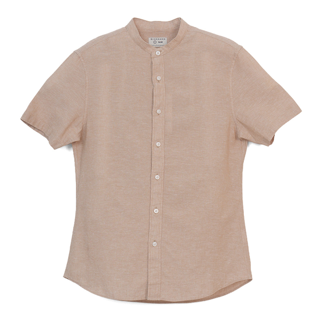 GIORDANO Men's Linen Cotton Poplin Band Collar Short Sleeves Slim Fit Shirt (01046214)