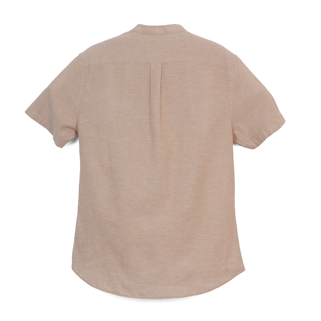 GIORDANO Men's Linen Cotton Poplin Band Collar Short Sleeves Slim Fit Shirt (01046214)