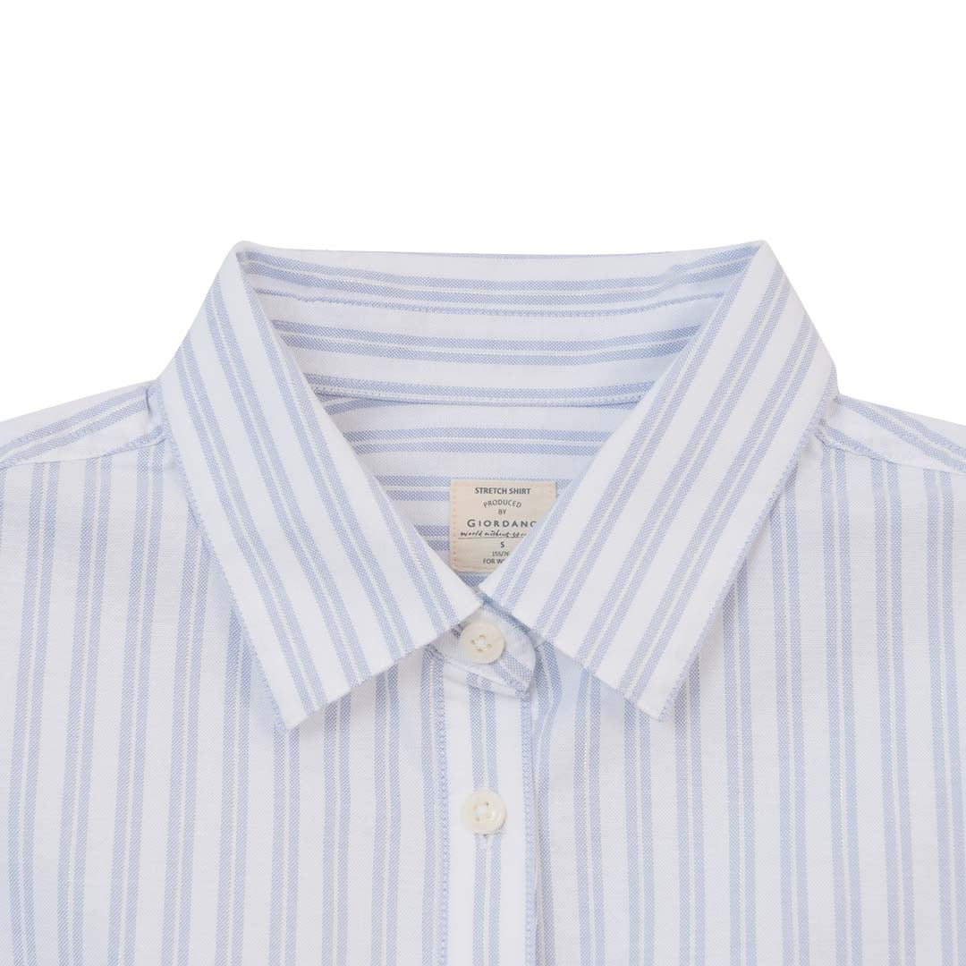 GIORDANO Women's Cotton Lycra Stretch Oxford Acute Collar Short Sleeves Crop Eco Soft Shirt (05346227)