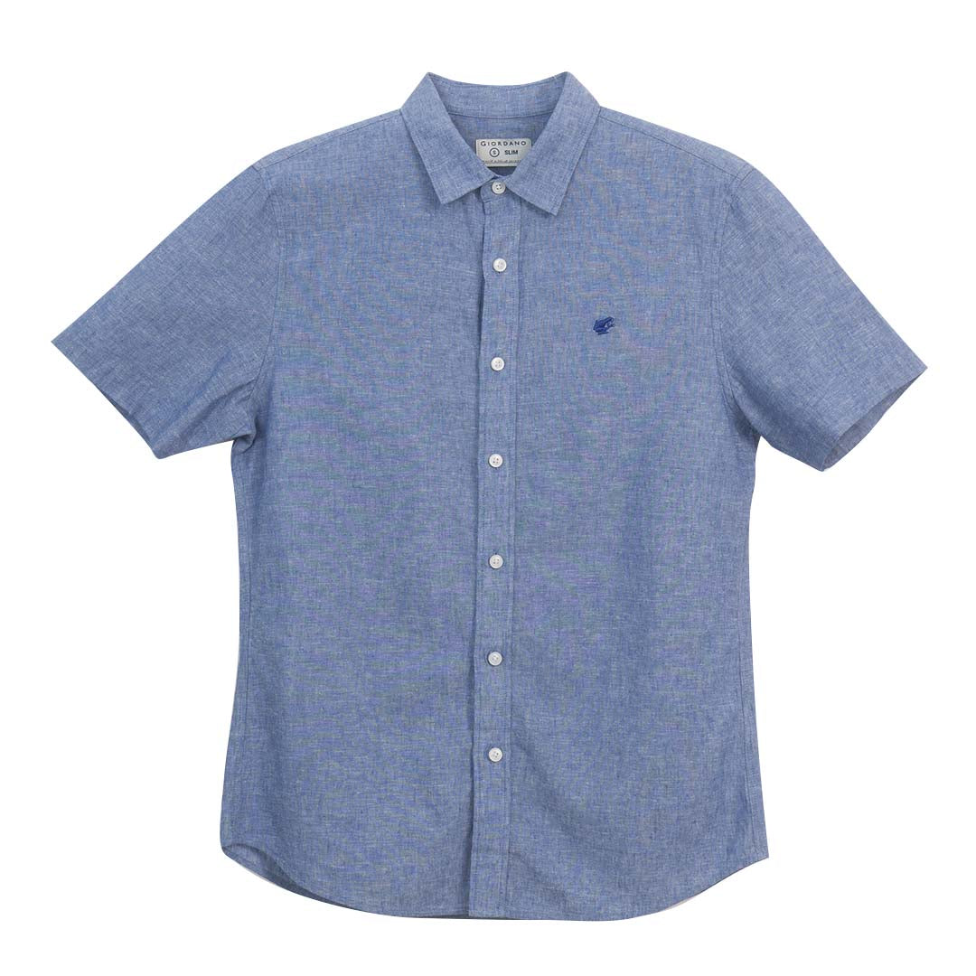GIORDANO Men's Small Frog Linen Cotton Poplin Short Sleeves Slim Fit Shirt (01046210)