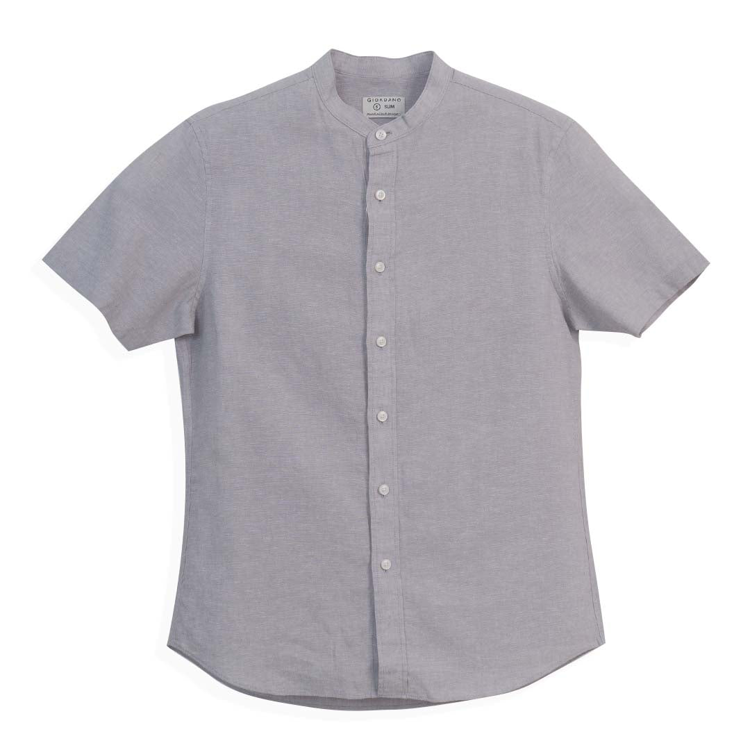 GIORDANO Men's Linen Cotton Poplin Band Collar Short Sleeves Slim Fit Shirt (01046214)