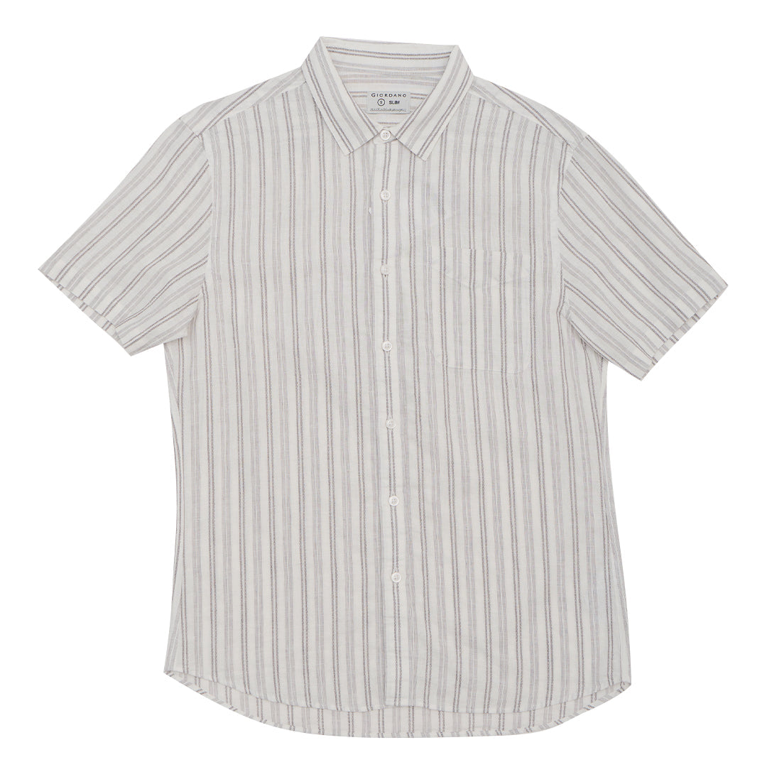 GIORDANO Men's Linen Cotton Poplin Short Sleeves Stripe Shirt (01045242)