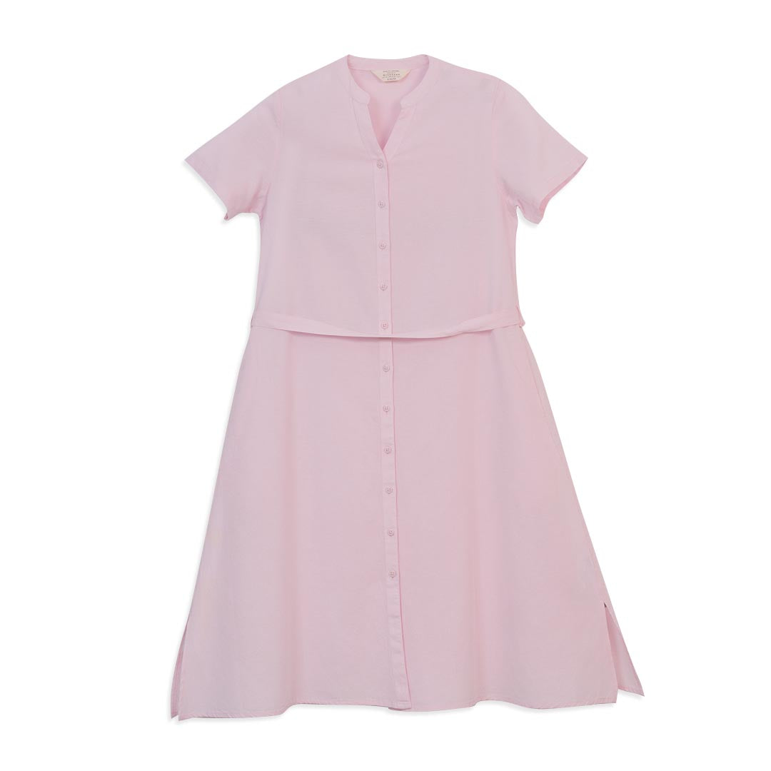 GIORDANO Women's Linen Cotton Poplin V-Neck Short Sleeves Loose Fit Front Placket Dress (05466220)