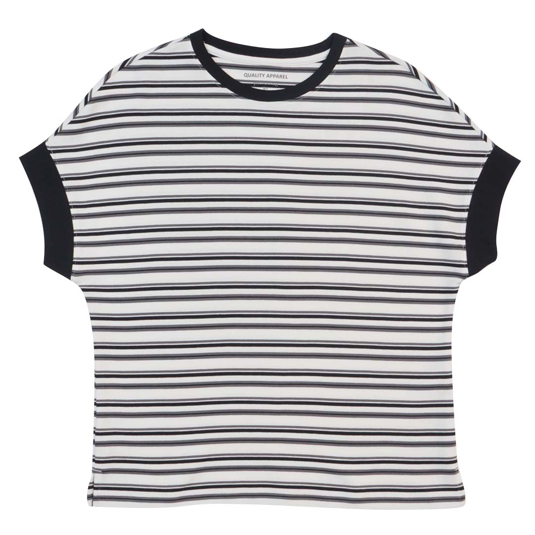 GIORDANO Women's Cotton Polyester Crew Neck Loose Fit Stripe Tee (05325269)