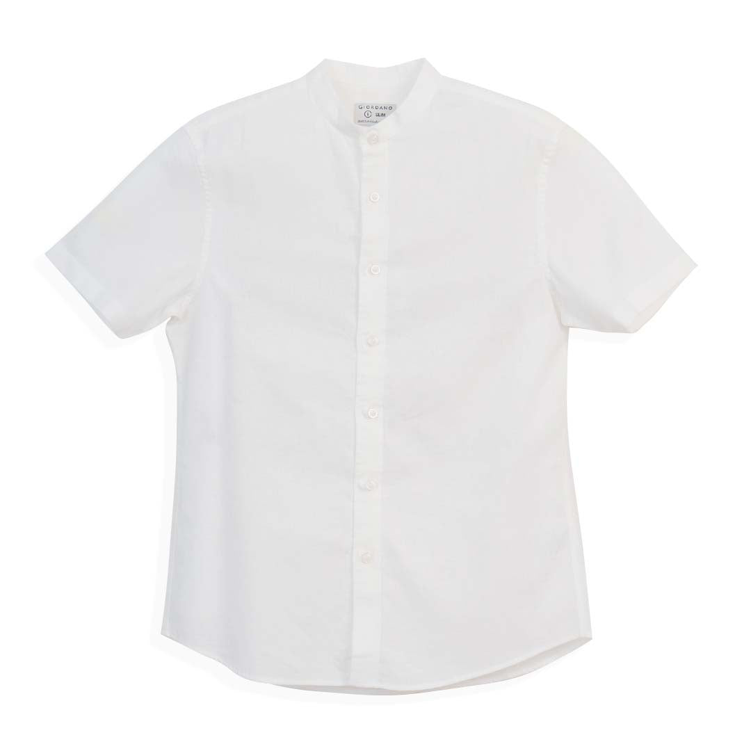 GIORDANO Men's Linen Cotton Poplin Band Collar Short Sleeves Slim Fit Shirt (01046214)