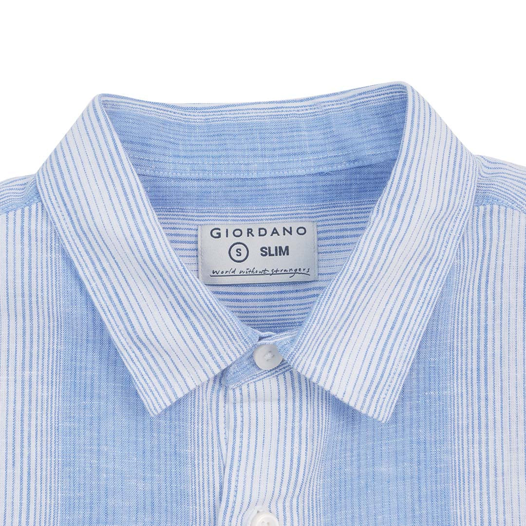 GIORDANO Men's Linen Cotton Poplin Short Sleeves Stripe Shirt (01046412)