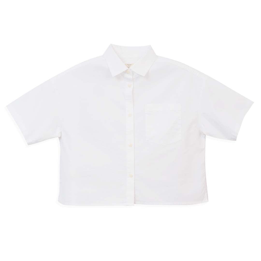 GIORDANO Women's Cotton Lycra Stretch Oxford Acute Collar Short Sleeves Crop Eco Soft Shirt (05346226)